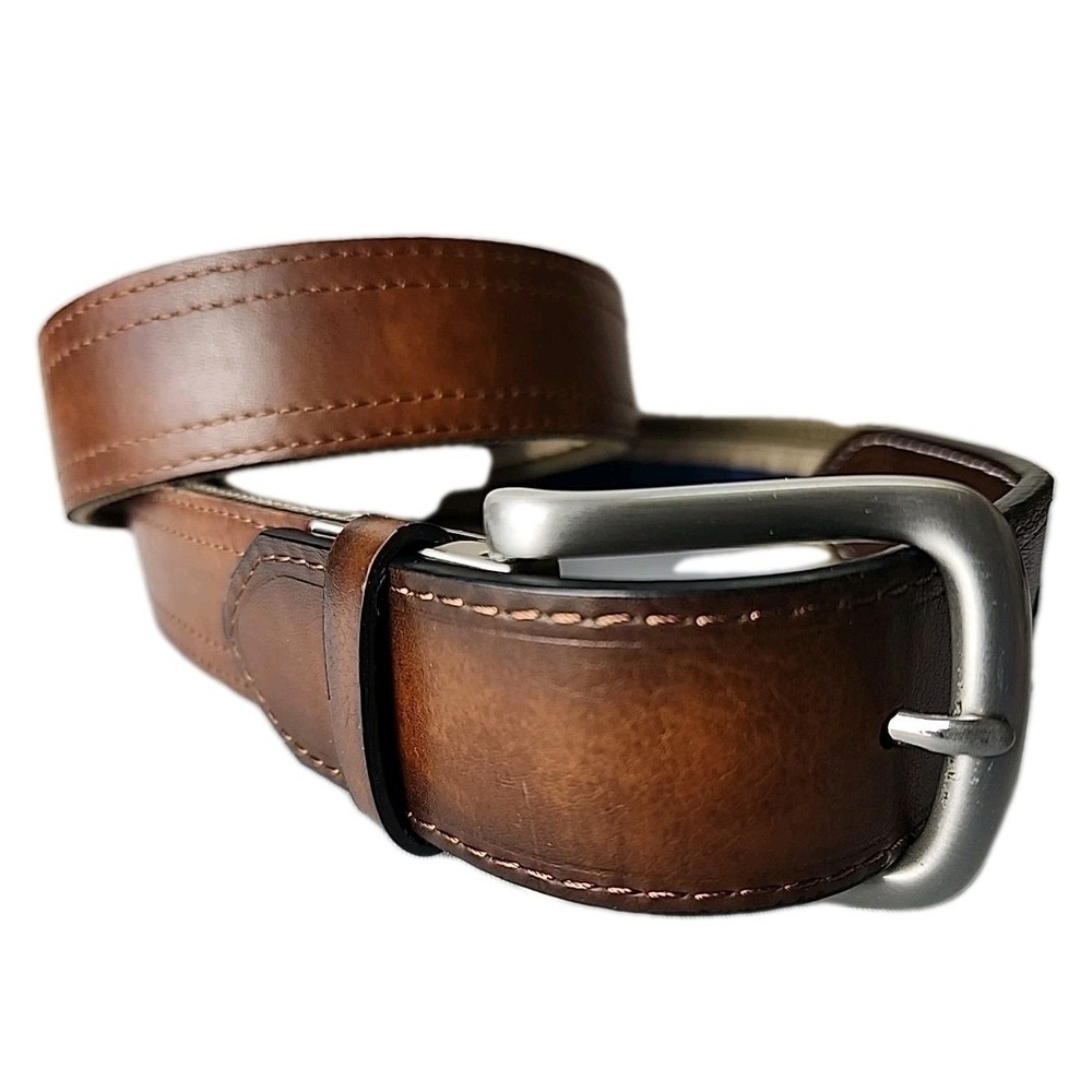 Alfani Men's 34/35 Reversible 2-in-1 Brown Leather/Blue Stripe Fabric Belt EUC